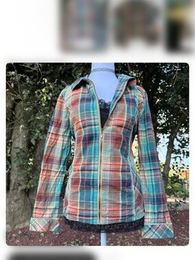 Christopher & Banks Plaid Zip Jacket in Teal, Rust & Navy